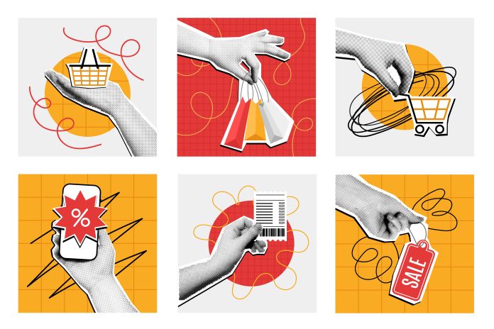 Halftone shopping collage. Mixed media hand holding shopping basket, cart and bags. Mobile online offer deal, sale and purchase verification receipt vector illustration set.